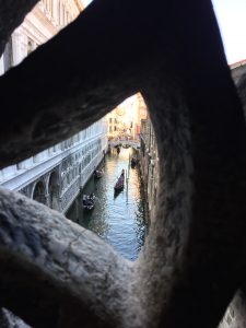The view from inside of the Bridge of Sighs, to the north.